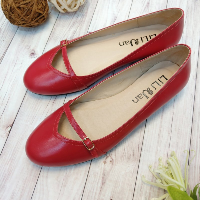 【洗炼优雅】全真皮简约系带赫本平底鞋_恋爱桃红 - 芭蕾鞋/娃娃鞋 - 真皮 粉红色