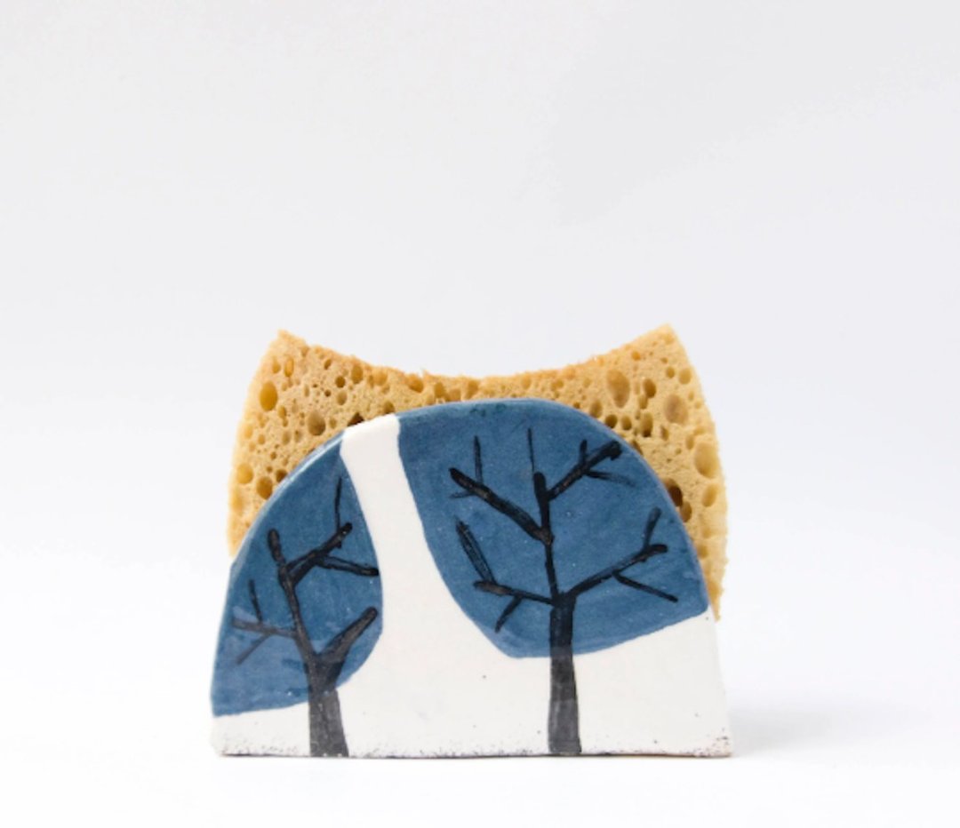 Blue Trees Napkin Holder-Sponge Holder-Winter Kitchen Decor-Handmade Ceramics - 花瓶/陶器 - 陶 蓝色