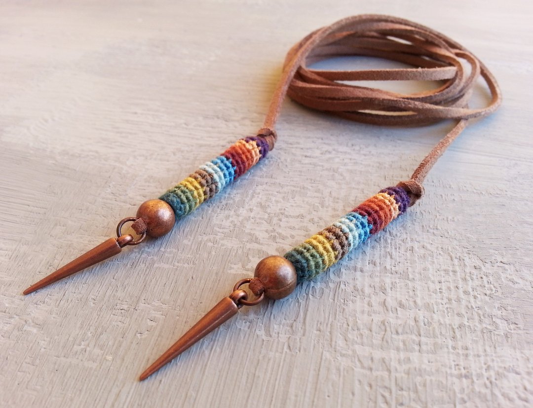 Brown Wrap Choker Necklace with Spike Charm Ends - 项链 - 人造皮革 咖啡色