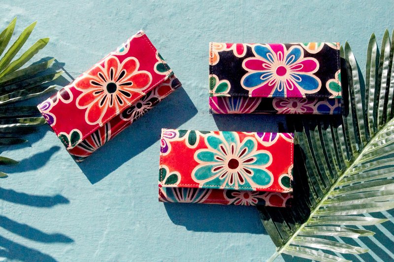 情人节礼物 限量手工山羊皮夹 / 手绘风格皮革钱包 / 长皮夹 - 热带缤纷花朵 - 皮夹/钱包 - 真皮 多色