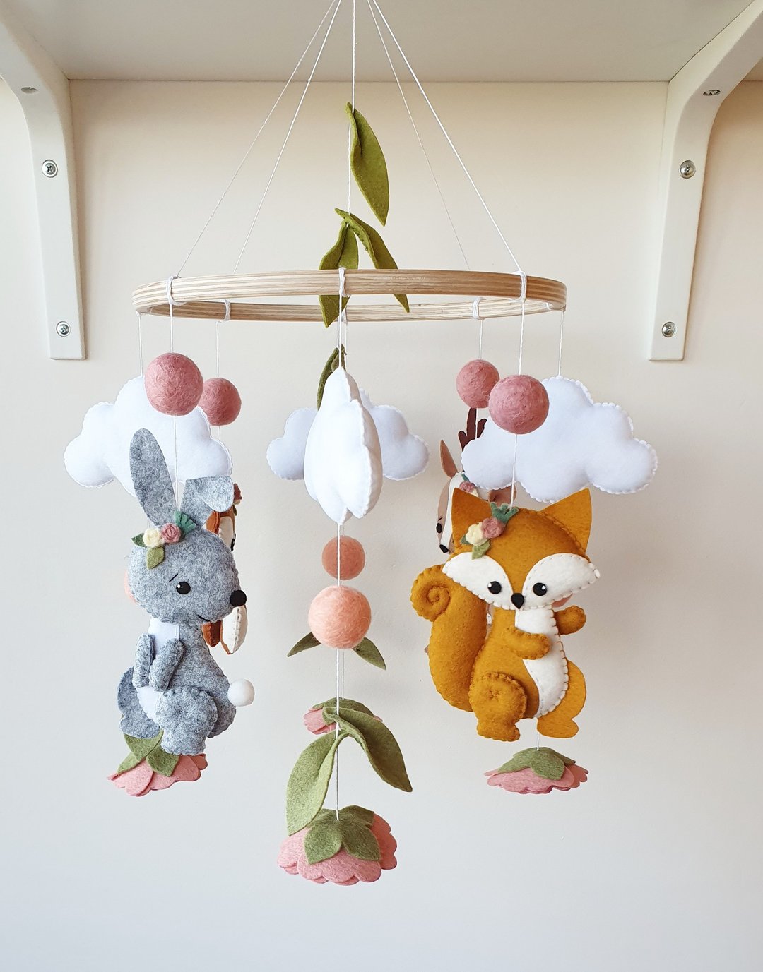 Woodland baby mobile, flowers mobile, forest mobile, woodland nursery, fox - 玩具/玩偶 - 环保材料 