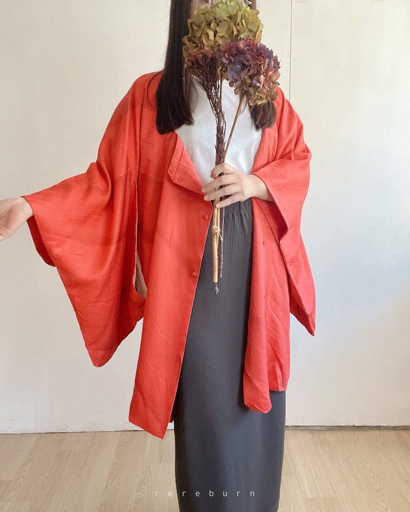 日本制和风印花大红色薄款古着道行羽织和服外套 - 女装休闲/机能外套 - 聚酯纤维 红色