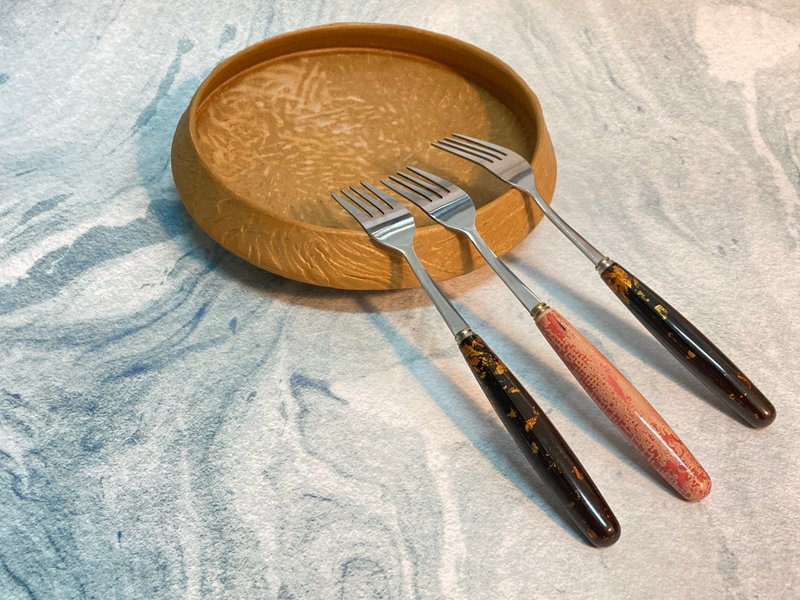 天然 漆艺 环保 西餐 餐具 叉子 金箔 变涂 黑金 粉红色 urushi - 餐刀/叉/匙组合 - 木头 