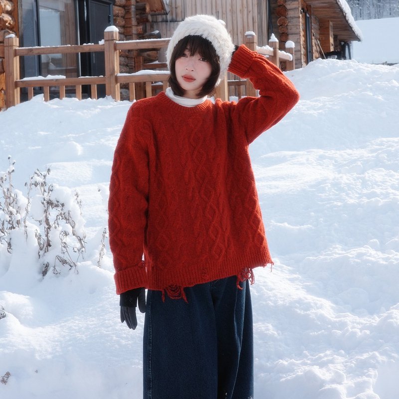 绞花破洞红毛衣|针织衫|冬款|Sora-2024 - 女装针织衫/毛衣 - 羊毛 红色