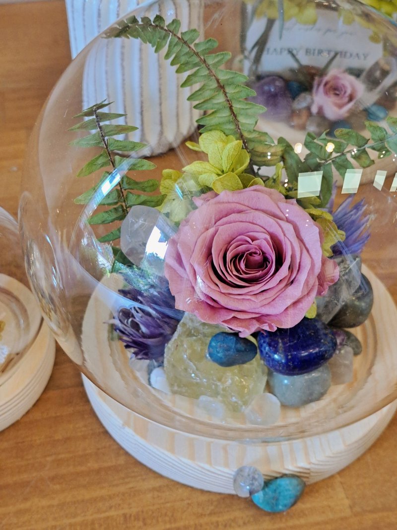 永生玫瑰加水晶圆形玻璃罩盅 - 干燥花/捧花 - 植物．花 