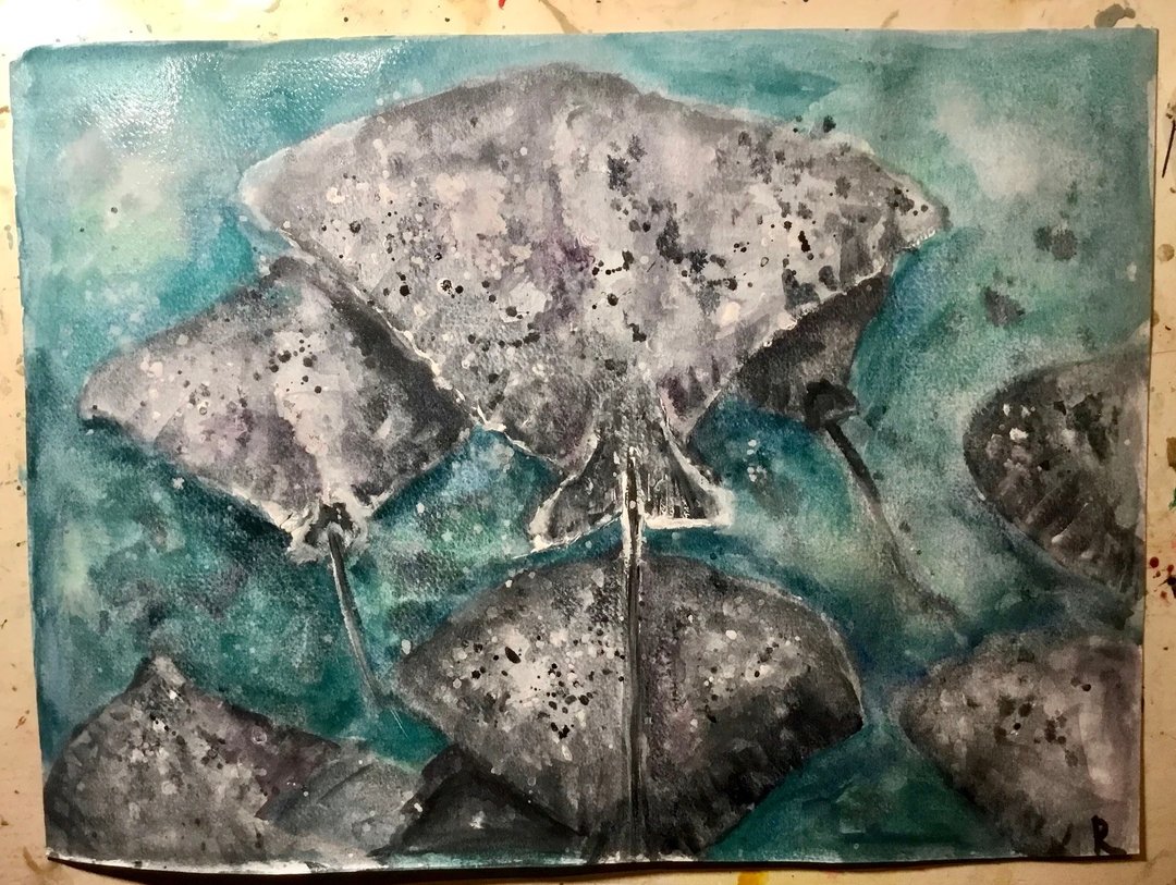 原创水彩画，水中的斜鱼壁画 - 墙贴/壁贴 - 纸 