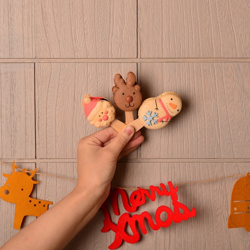 圣诞节-2018限定-圣诞马卡龙棒棒糖礼盒3支一盒 麋鹿&老公公&雪人 - 手工饼干 - 新鲜食材 橘色
