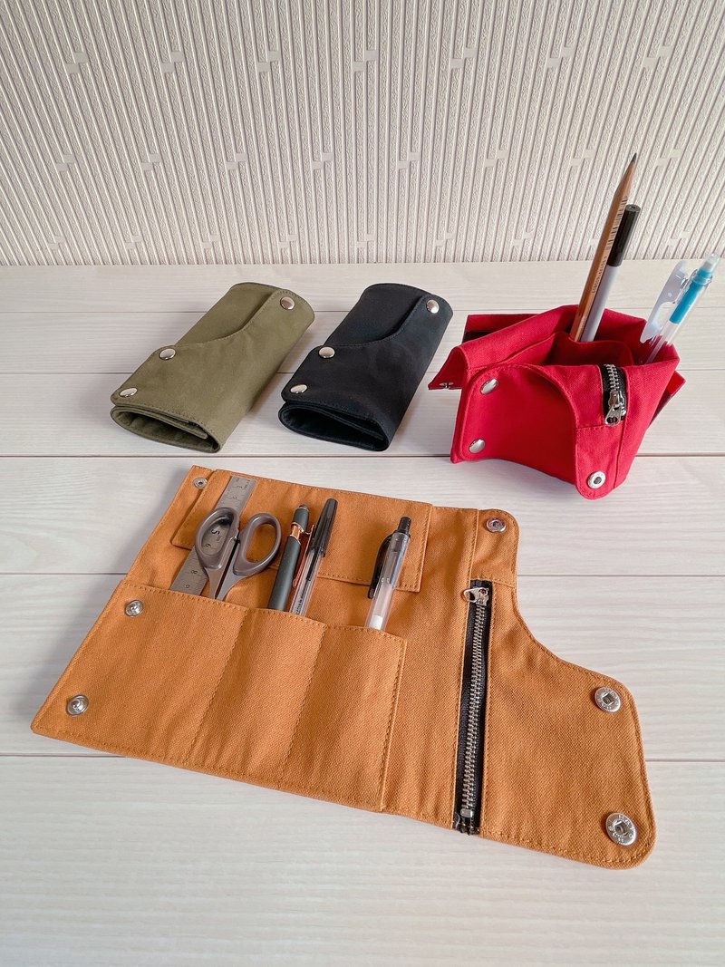 仓敷帆布 笔筒式卷筒笔袋 2way 笔筒 笔盒 红的 卡其 黑的 骆驼 - 铅笔盒/笔袋 - 棉．麻 红色