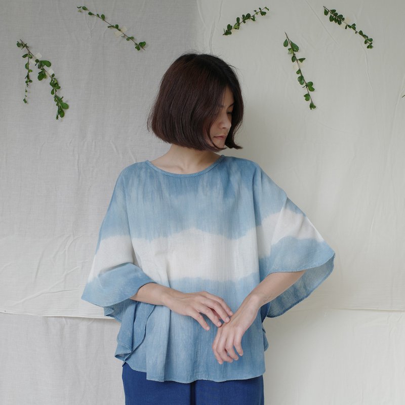 蝴蝶 棉上衣 / 蓝靛染 / 宽松 - 女装上衣 - 棉．麻 蓝色