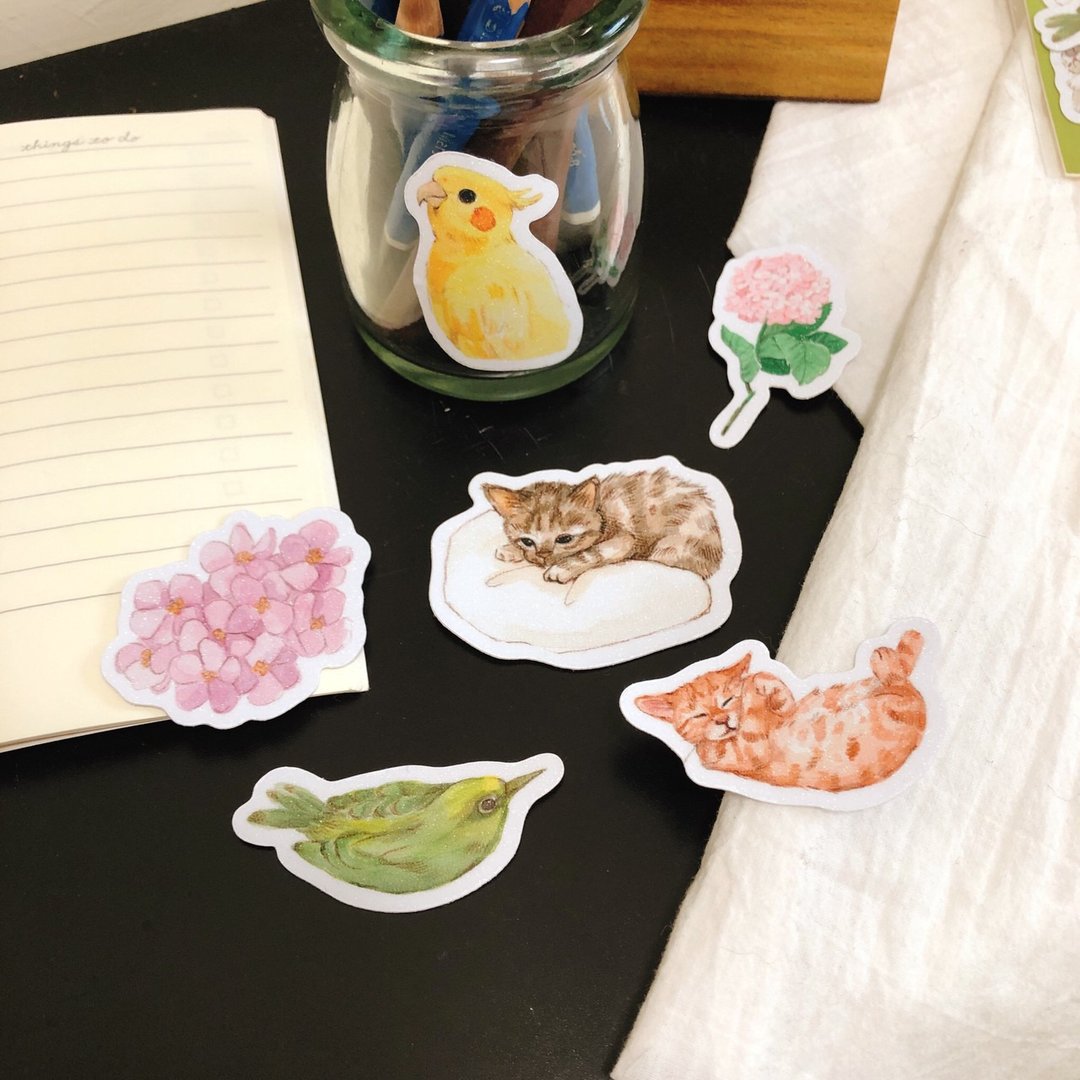 桂桑比 /猫と花と鸟 /pvc防水闪亮贴纸 /15枚入 - 贴纸 - 防水材质 