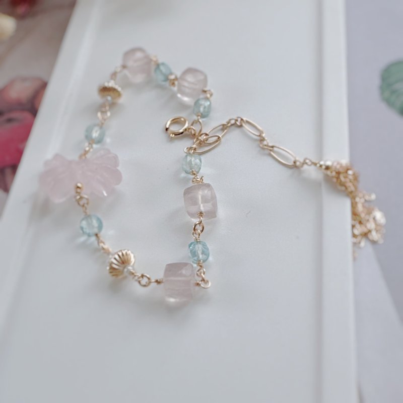 14KGF 晨露花语 流苏手链 粉晶 海水蓝宝 - 手链/手环 - 半宝石 