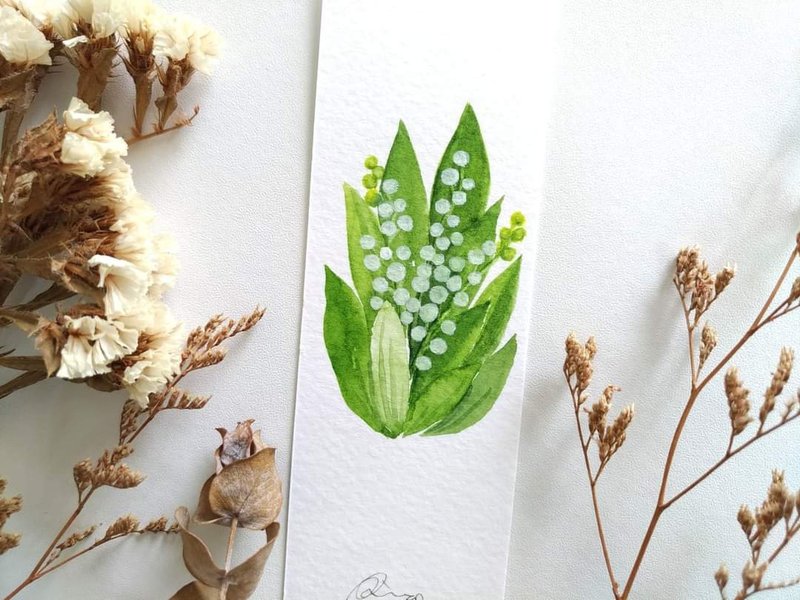 铃兰花 幸福回归 水彩花草插画书签 情人礼物祝福卡片 (原画) - 卡片/明信片 - 纸 绿色
