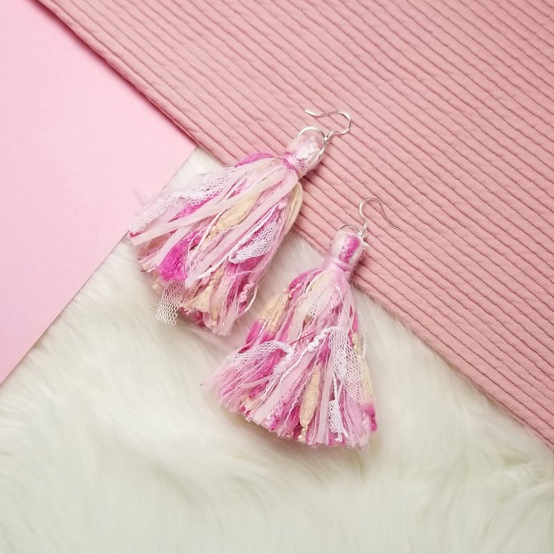 混合毛线流须耳环 (粉红/桃红/粉黄/米白/网) - 耳环/耳夹 - 纯银 粉红色
