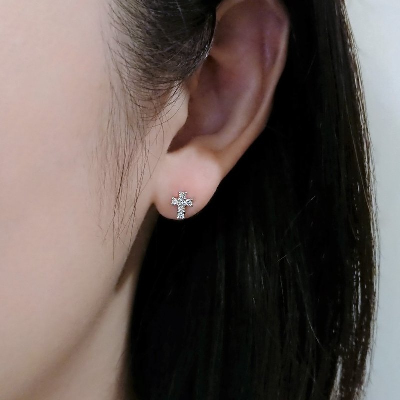 天然钻石 小十字架 纯 18K 白金耳钉定制 | JSE07 - 耳环/耳夹 - 钻石 银色
