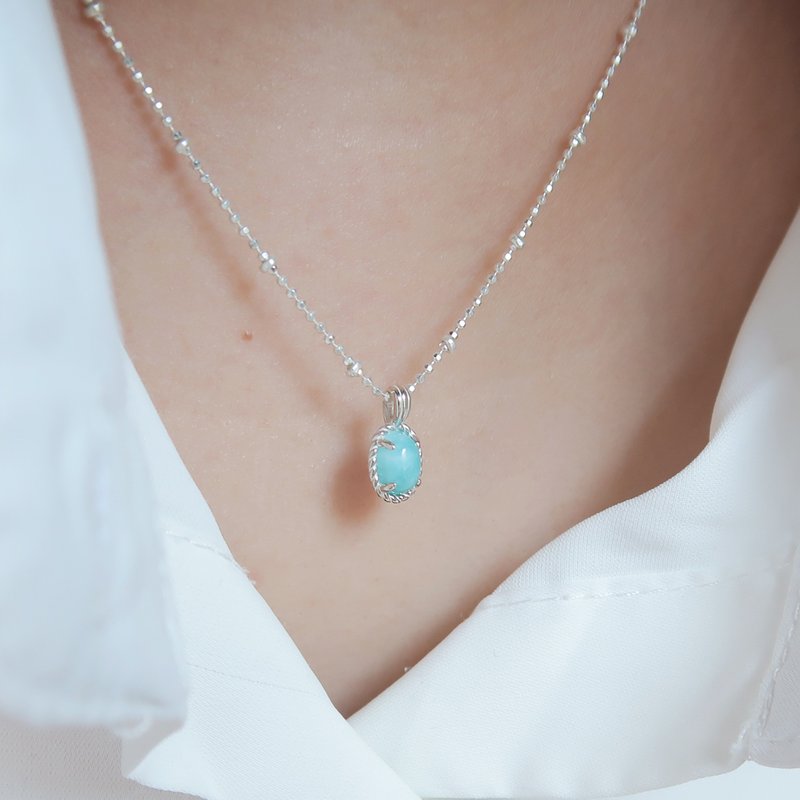 925纯银 拉利玛 细麻花边 爪镶 项链 (2种链型可选) 免费包装 - 项链 - 纯银 蓝色