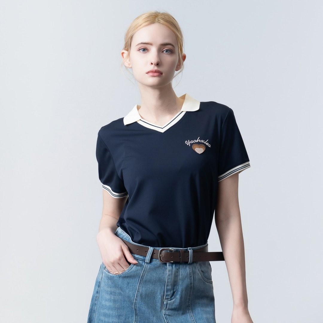 【ICare】翻领学院风V领短袖上衣(M-L) | 女休闲上衣 POLO衫 - 女装 T 恤 - 棉 蓝色