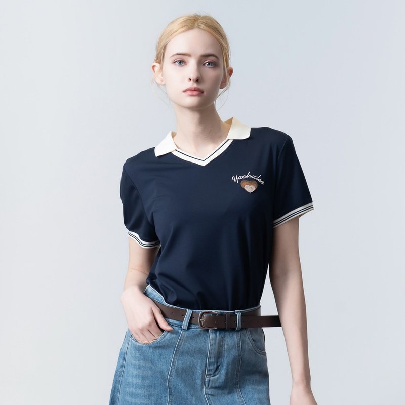 【ICare】翻领学院风V领短袖上衣(M-L) | 女休闲上衣 POLO衫 - 女装 T 恤 - 棉．麻 蓝色