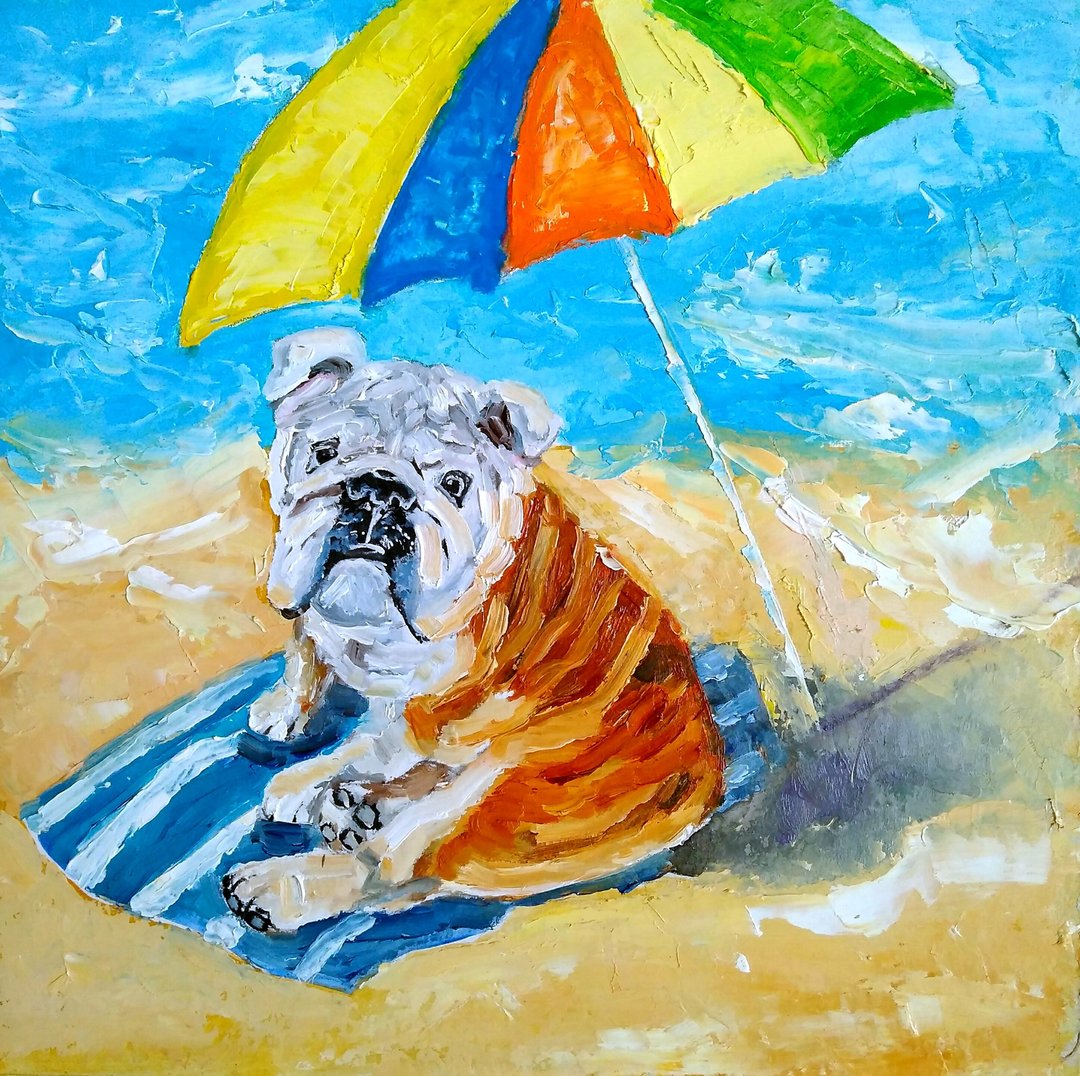 Bulldog Original Oil Painting, Dog Art, Funny Pet Portrait, Beach Dog Wall Art - 海报/装饰画/版画 - 其他材质 多色