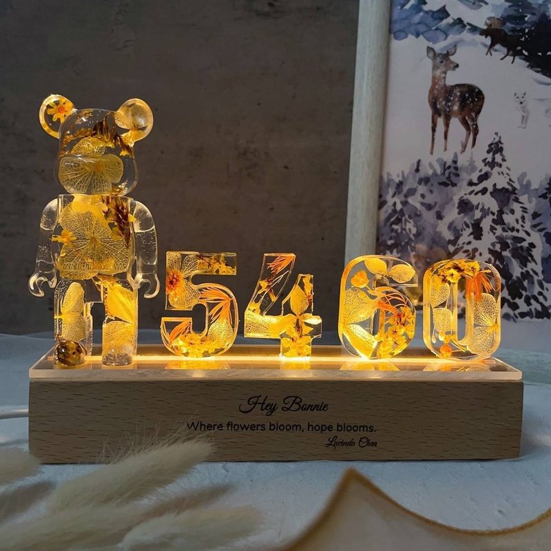 浪漫璀璨 永生花漾数字与暴力熊造型LED小夜灯 定制化雕刻灯座 - 干燥花/捧花 - 植物．花 