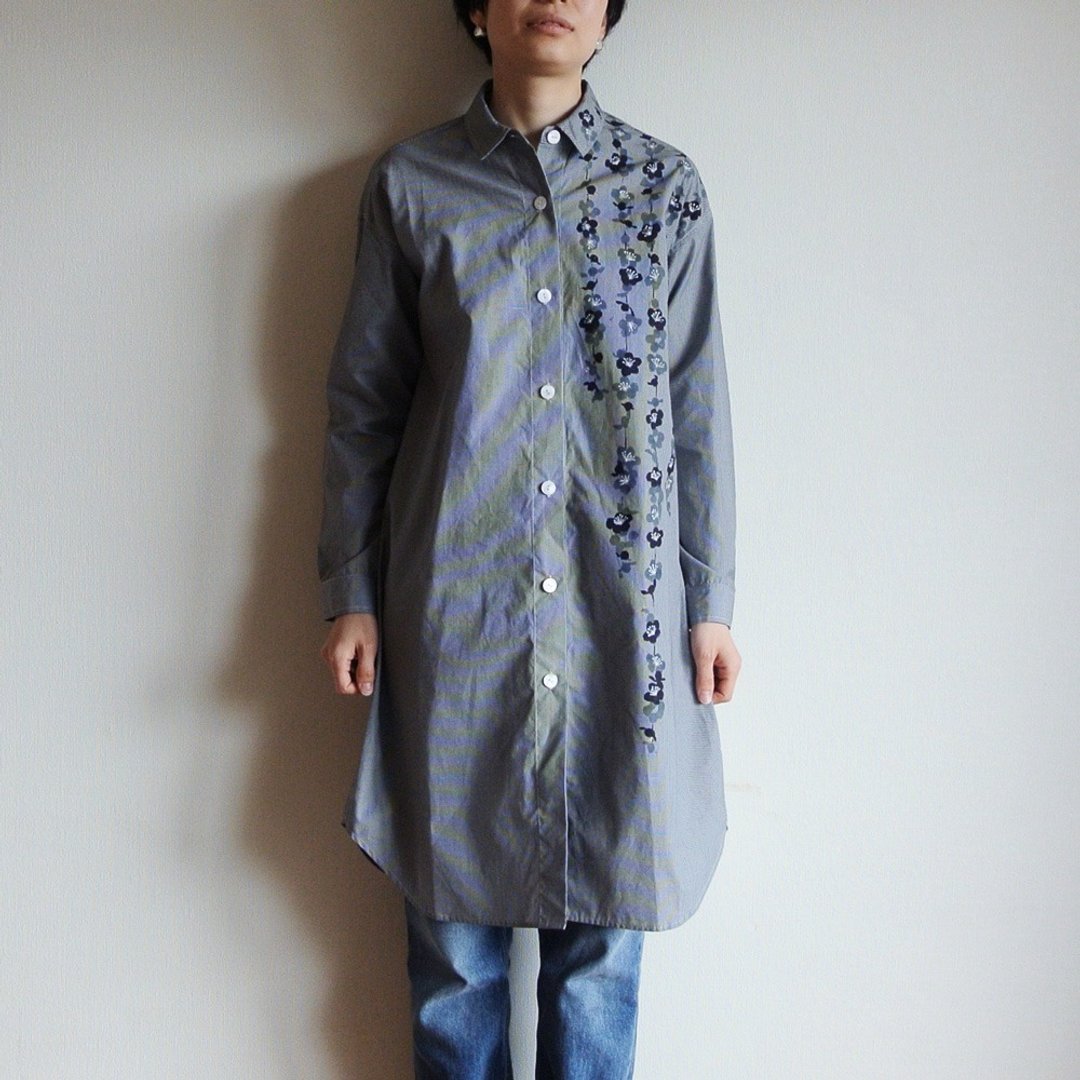 Shirt dress Gingham check black weeping plum - 洋装/连衣裙 - 棉 灰色