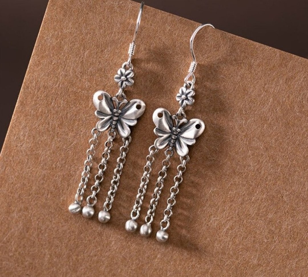 Vintage Thai Silver Butterfly Earrings for Women Ethnic Tassels Earrings Real - 耳环/耳夹 - 纯银 银色