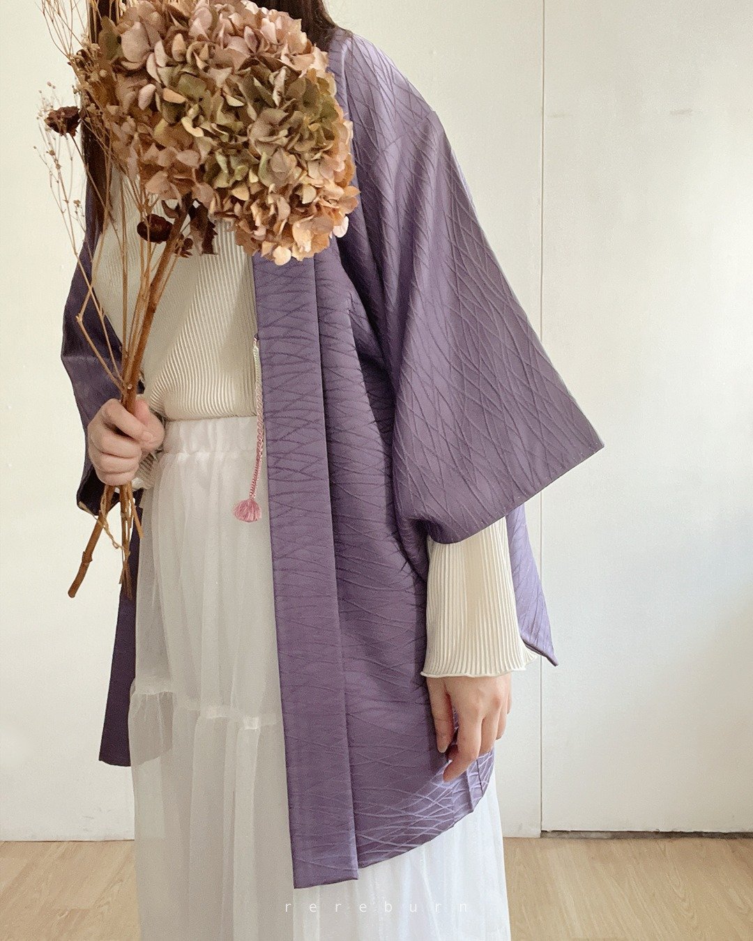 日本制和风格子织纹紫色古着羽织和服外套 - 女装休闲/机能外套 - 聚酯纤维 紫色