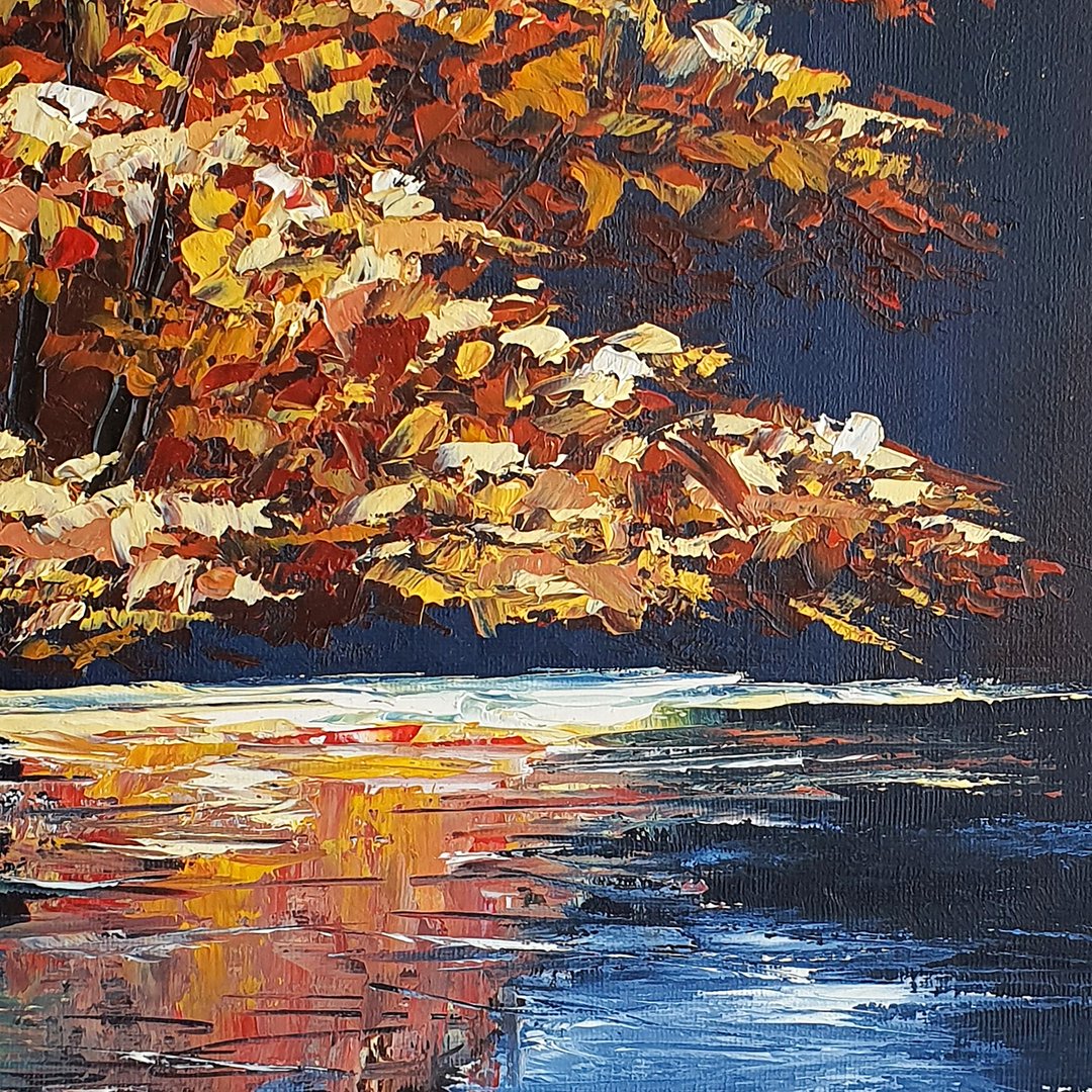 Maple Tree Painting Landscape Lake Original Artwork Fall Trees Plants Wall Art - 海报/装饰画/版画 - 其他材质 黑色