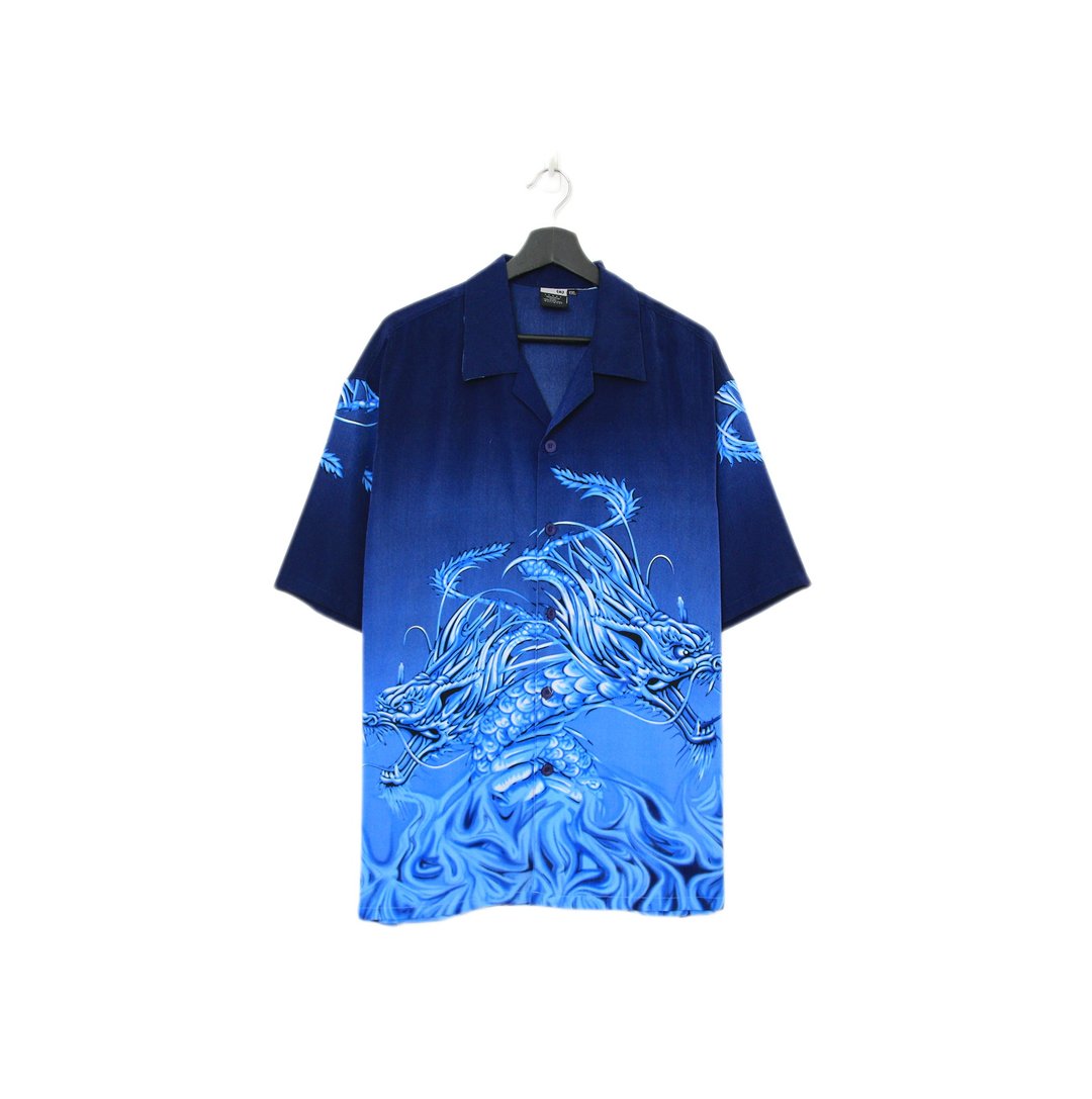 Back to Green-短袖花衬衫 蓝色渐层 青龙 ss-50//vintage shirt - 男装衬衫 - 棉 
