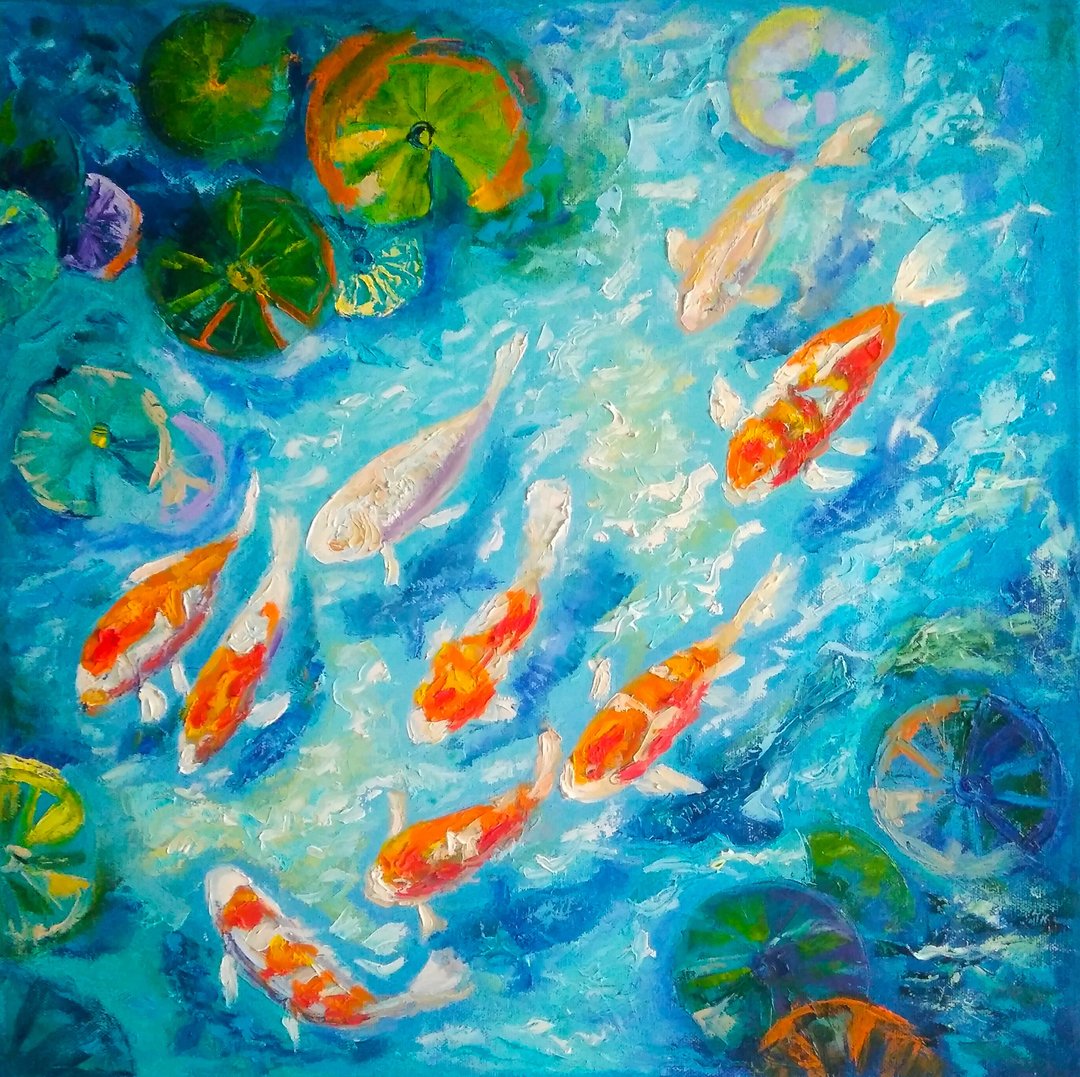 Koi Fish Oil Painting, Original Art on Canvas, Feng Shui Wall Art, Nine Koi - 海报/装饰画/版画 - 棉 多色