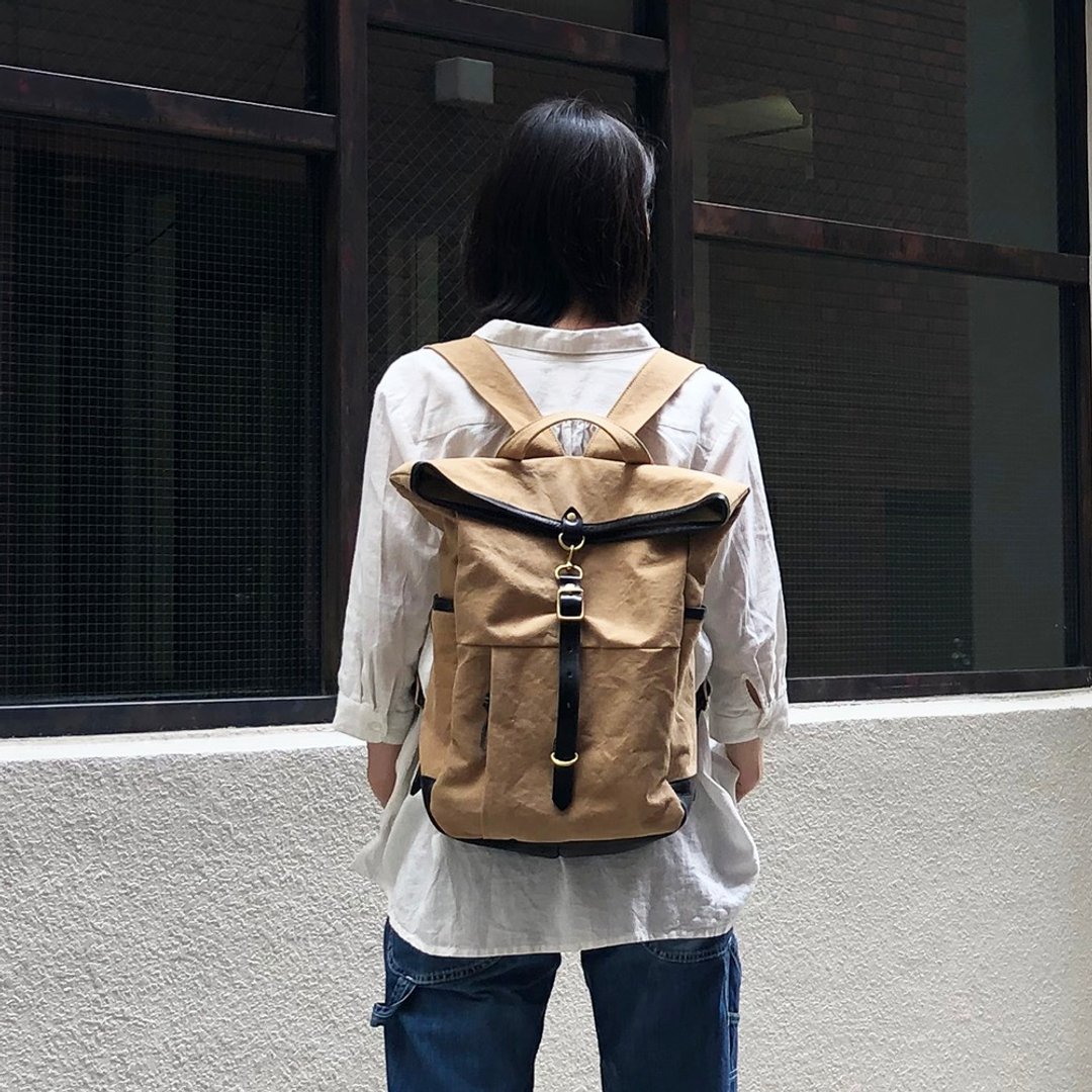guide Tan Kurashiki Canvas x Tochigi Leather Backpack - 后背包/双肩包 - 棉．麻 卡其色