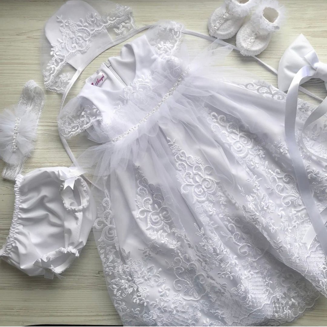 White clothing set for baby girl: dress, bonnet, headband, booties and panties. - 童装礼服/连衣裙 - 其他材质 白色