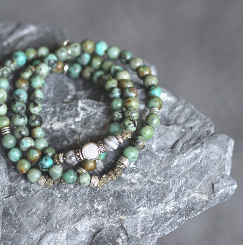 【已绝版】神灵 II  Spirit │天然矿石念珠链 智慧.戒律.庇护 非洲绿松石 冰裂雾白水晶 毕卡索石 纯银挂坠 手工铸造银 手链手环 - 手链/手环 - 宝石 绿色