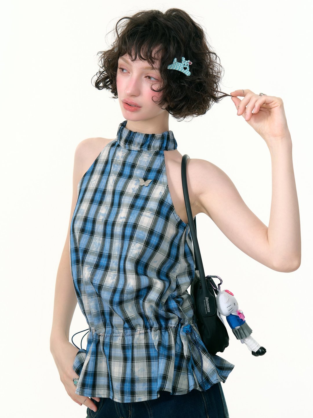 ziziFei夏季美式复古设计感蓝白格子无袖上衣抽绳收腰挂脖背心女 - 女装背心 - 其他材质 蓝色