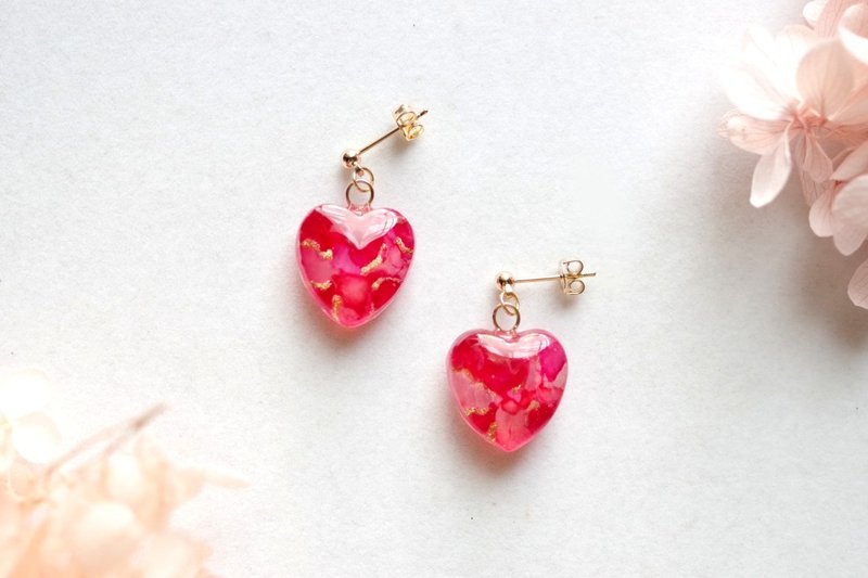 树脂艺术 心形耳环・梦之旅 - 耳环/耳夹 - 树脂 粉红色