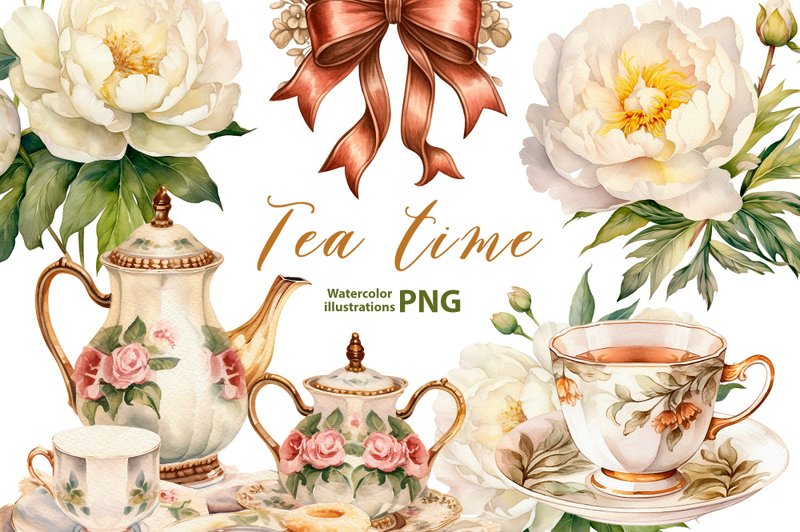 水彩复古金色剪贴画套装,5 Png,白色牡丹PNG花卉剪贴画茶 - 电子手帐及素材 - 其他材质 