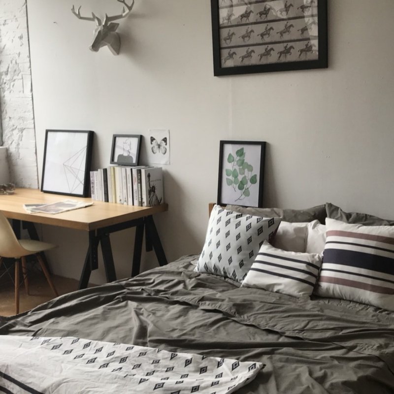 标准_100%有机棉双人标准床包_迷雾灰/走在月光下 - 寝具 - 棉．麻 灰色