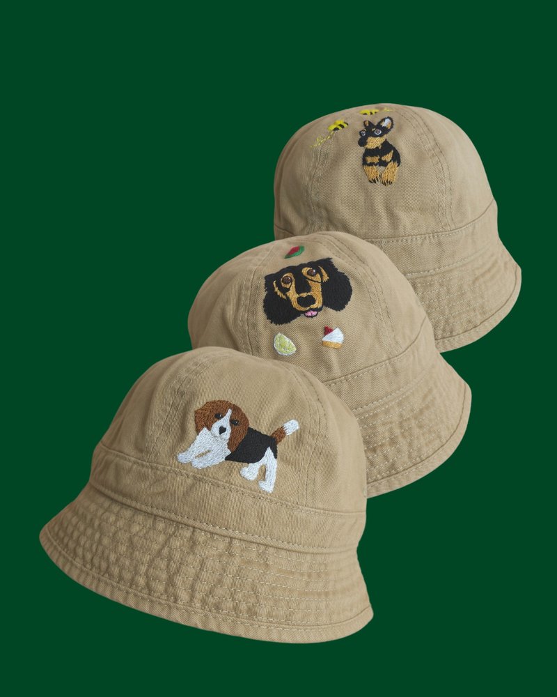 米色猫咪图案手工刺绣帆布渔夫帽 - 帽子 - 棉．麻 卡其色