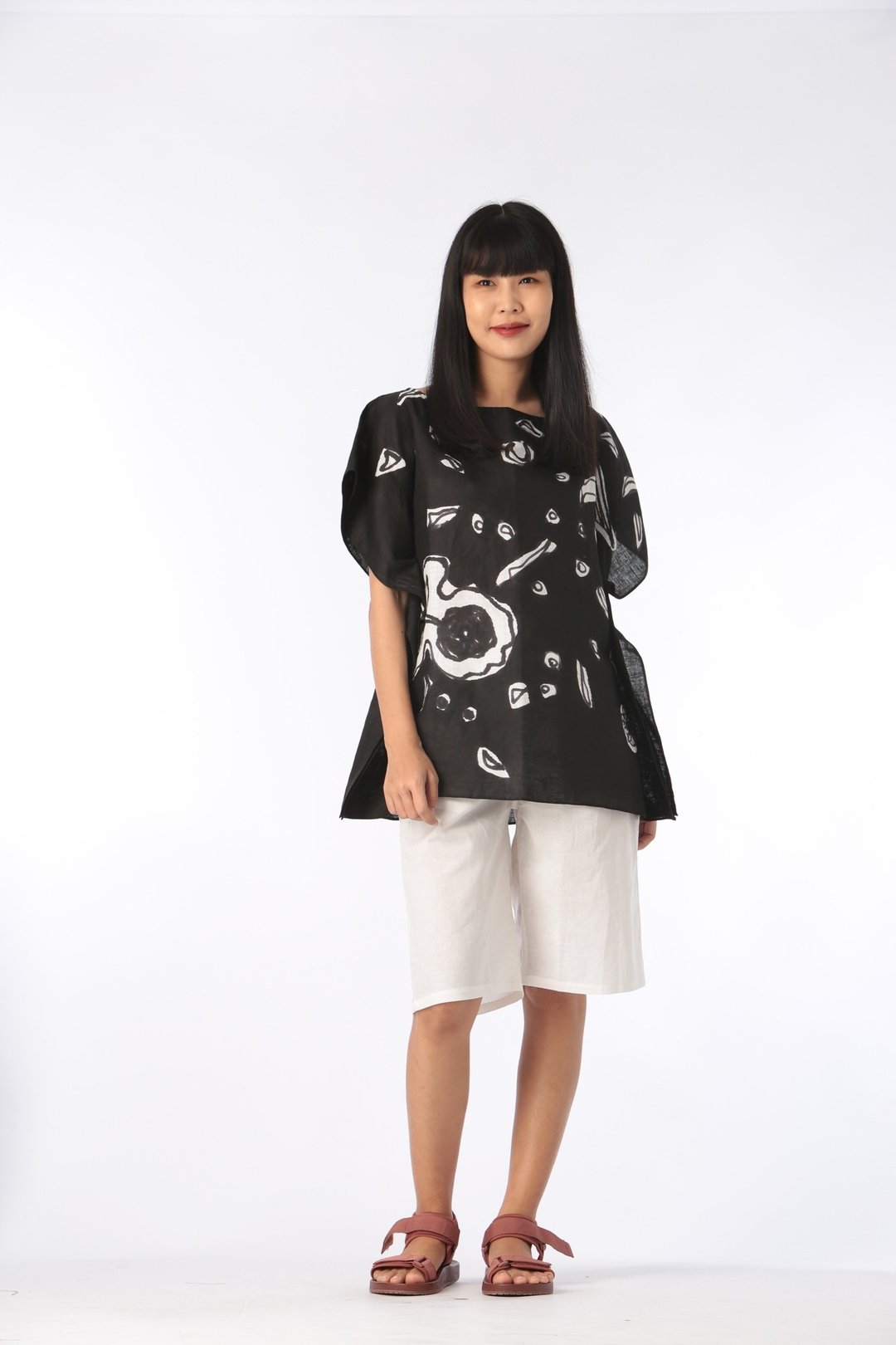 Poncho Blouse Linen Hand paint For Summer Beach Vacation - 女装上衣 - 棉 黑色