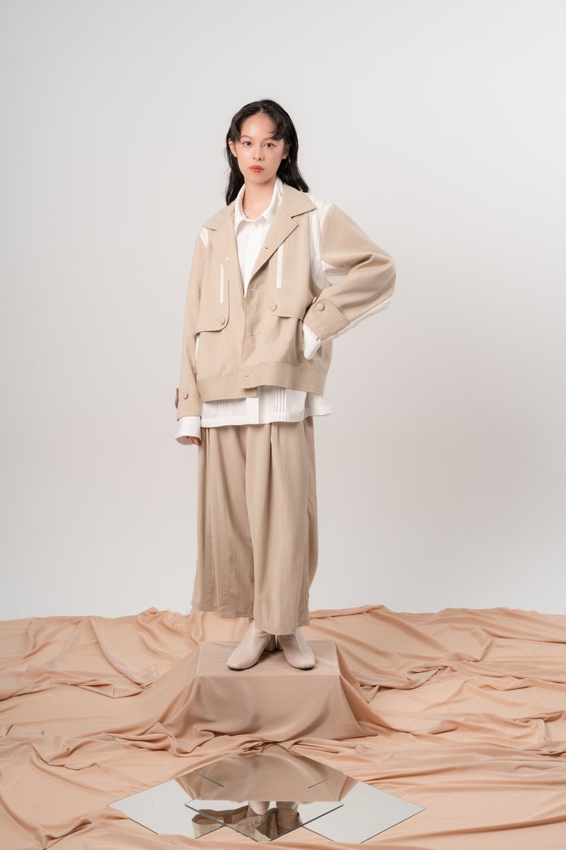 双打褶宽裤 - 男士长裤 - 聚酯纤维 卡其色