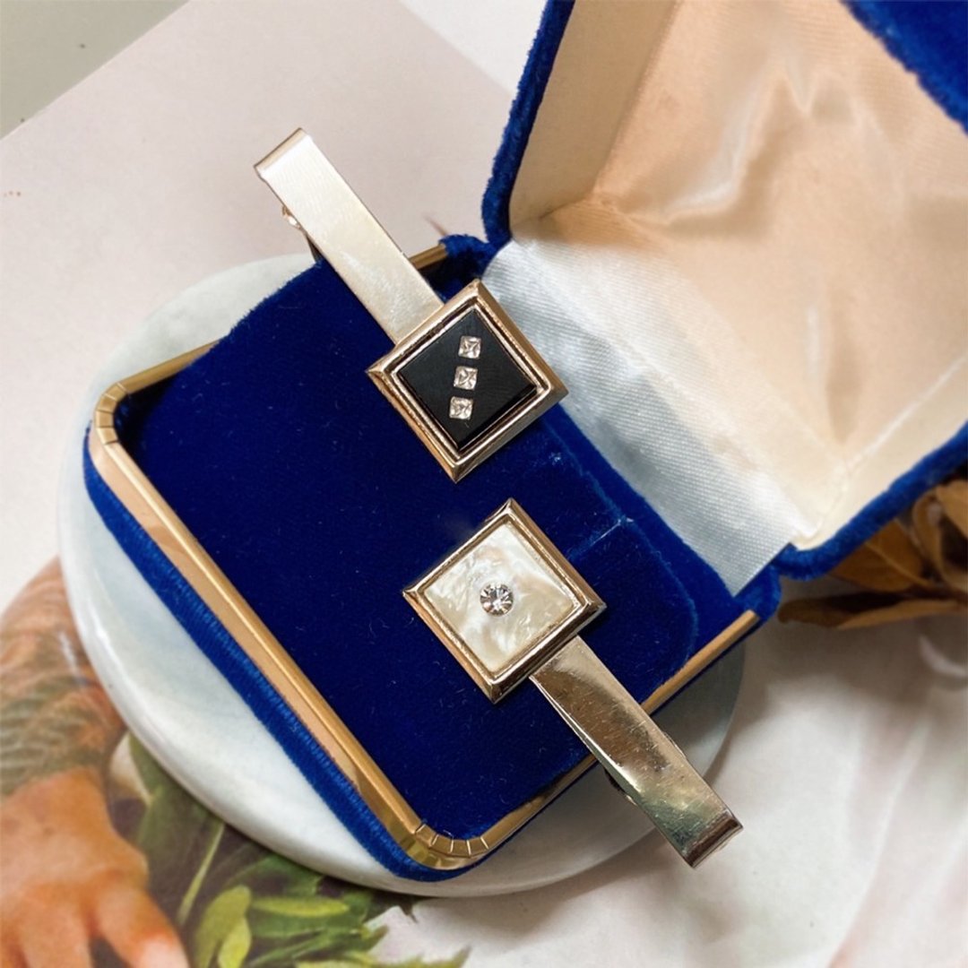 【西洋古董饰品】金属感领带夹 珍珠母贝 莱茵钻 男士珠宝 领带 - 领带/领带夹 - 贵金属 银色