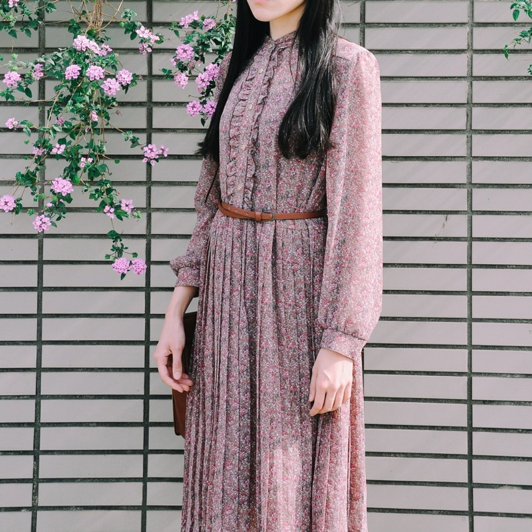 地花古着 | 日本制 碎花庄园洋装 - 洋装/连衣裙 - 其他材质 红色