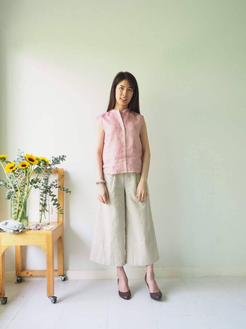 Pink Amber Linen Sleeveless Blouse - 女装上衣 - 棉 粉红色