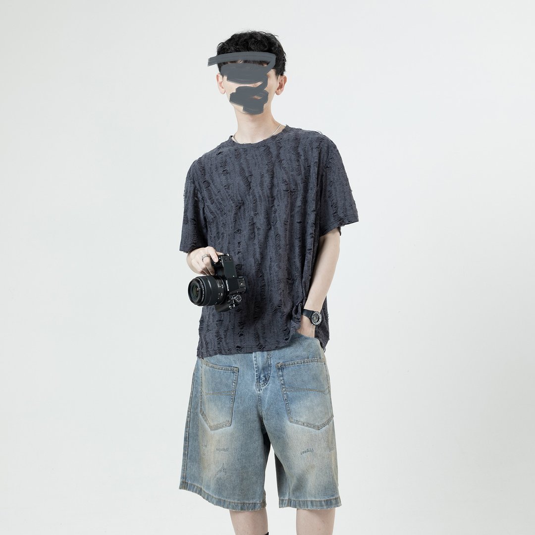 刷破落肩上衣 / 灰 / - 男装上衣/T 恤 - 聚酯纤维 灰色