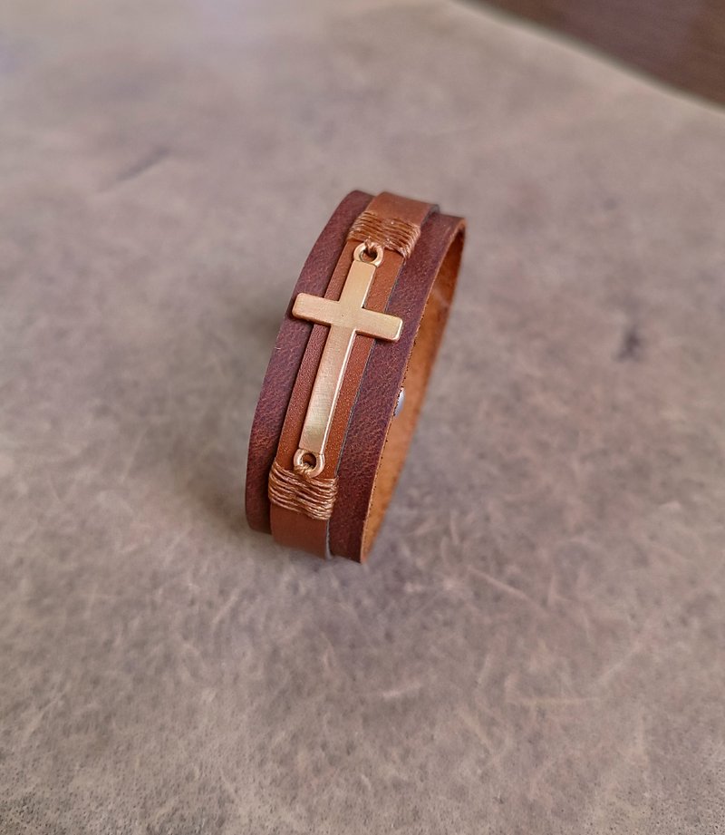 个人化玫瑰金十字架皮革手链，搭配励志圣经诗句 - 手链/手环 - 真皮 咖啡色