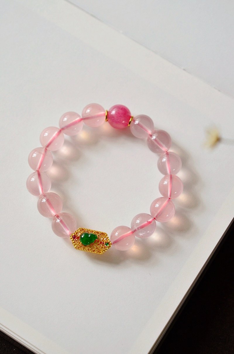 14mm天然原矿冰粉水晶 石榴石弥勒佛设计单圈手串手持s - 手链/手环 - 水晶 粉红色