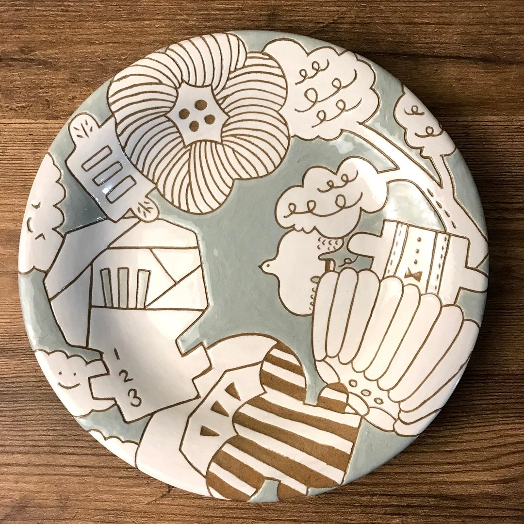 【 小丸 森林 手刻 】 莫兰迪色    花 小飞鸟 21厘米 盘 - 盘子/餐盘/盘架 - 陶 蓝色