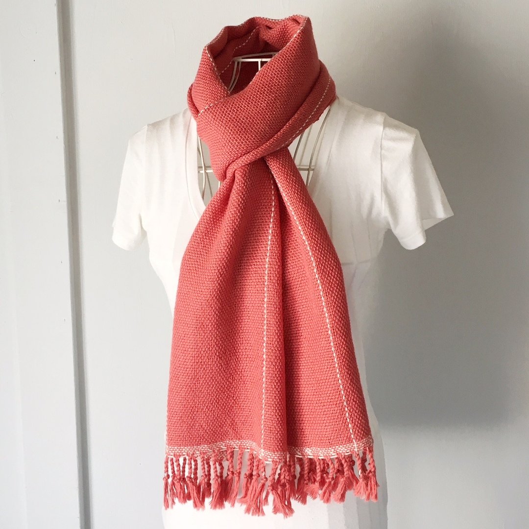 Unisex handwoven scarf Pink Orange with White lines - 围巾/披肩 - 羊毛 粉红色