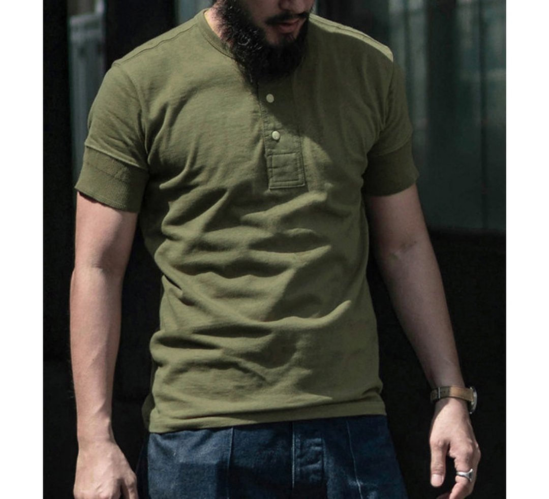 BRONSON 美式复古亨利领 短袖上衣 纯棉双纱 Henley T-Shirt - 男装上衣/T 恤 - 棉 