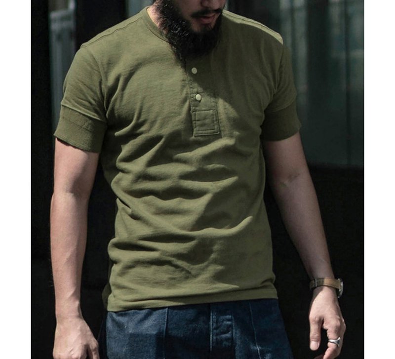 BRONSON 美式复古亨利领 短袖上衣 纯棉双纱 Henley T-Shirt - 男装上衣/T 恤 - 棉．麻 