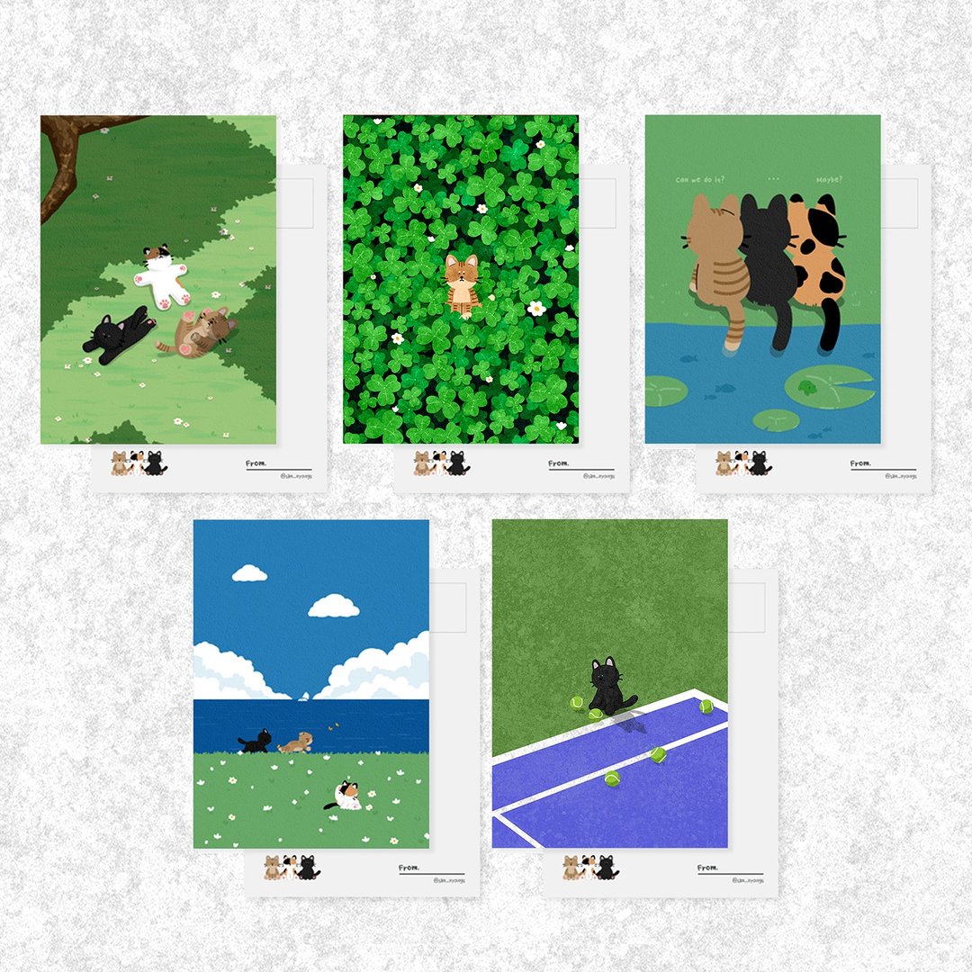 Simnyangs 猫咪插画明信片 绿色套装 (5张) - 卡片/明信片 - 纸 绿色